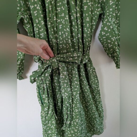 Roolee Green Floral Stop and Smell The Flowers Belted Puff Sleeve Dress S Small - Picture 5 of 7